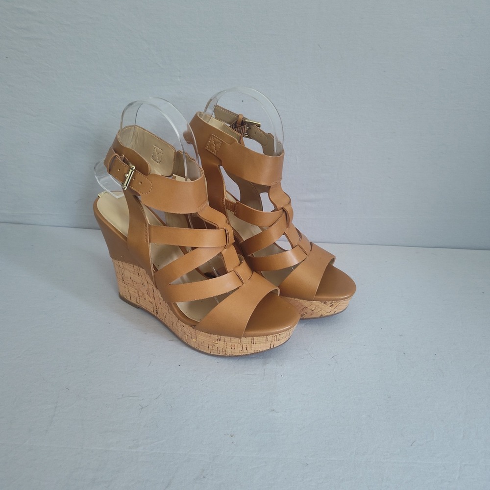 Guess Whenra Tan Brown Strappy Cork Platform Wedge Sandals GWHENRA Size 7M